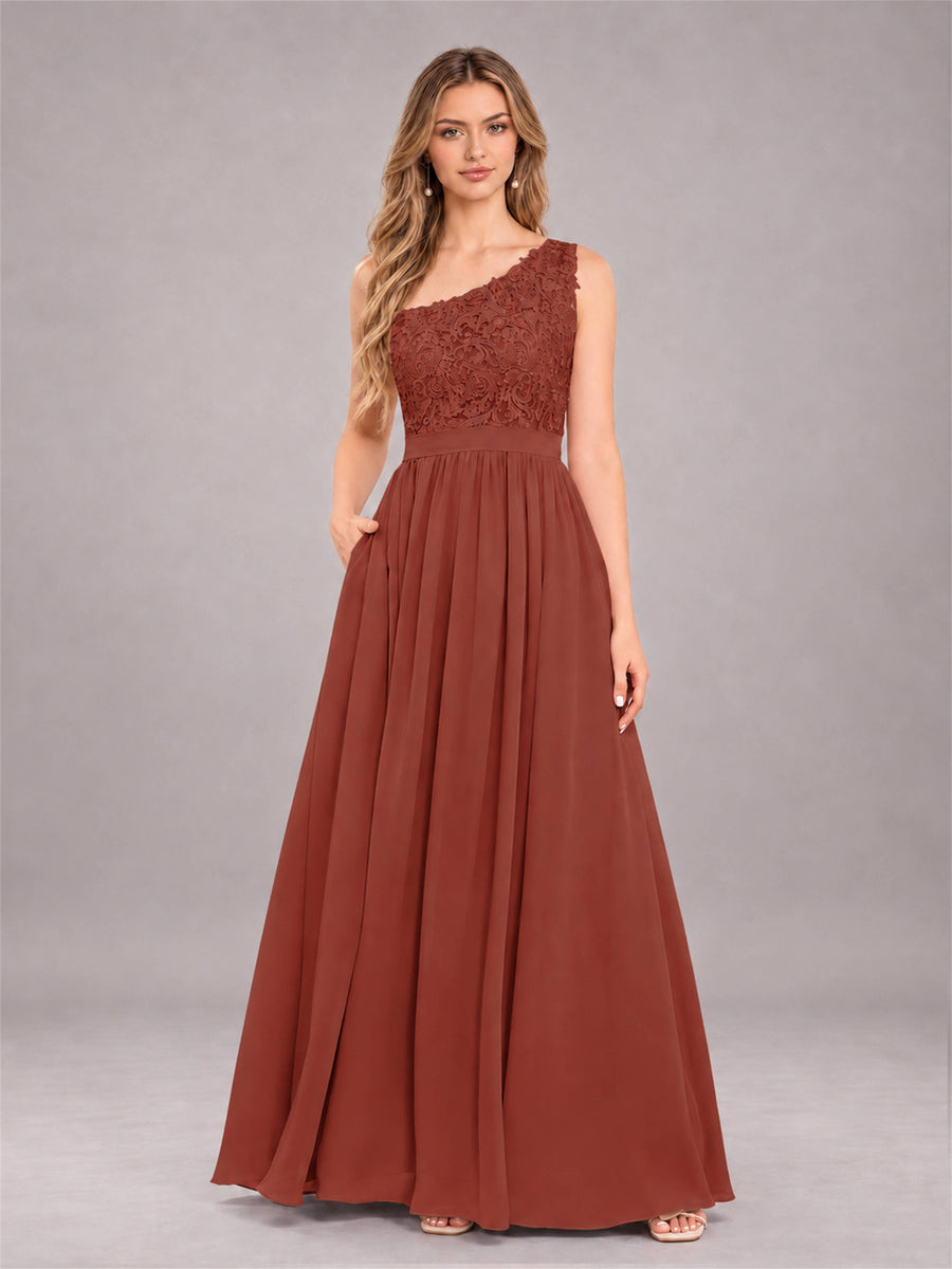 Rust Trendy Lace Appliques One Shoulder Chiffon Bridesmaid Dress With Pockets