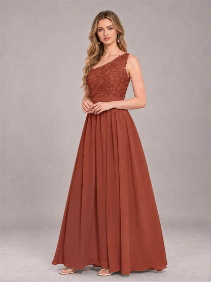 Rust Trendy Lace Appliques One Shoulder Chiffon Bridesmaid Dress With Pockets