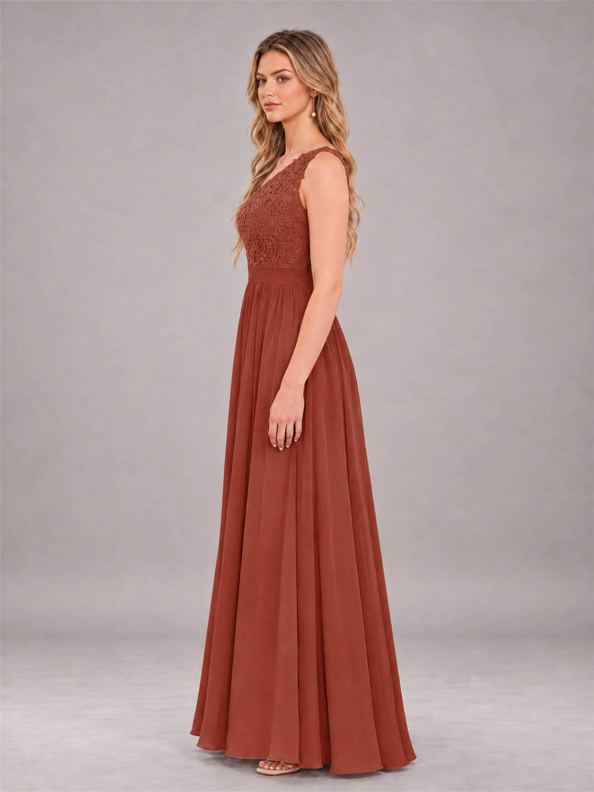 Rust Trendy Lace Appliques One Shoulder Chiffon Bridesmaid Dress With Pockets