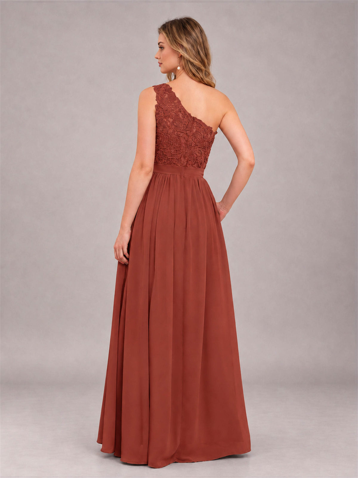 Rust Trendy Lace Appliques One Shoulder Chiffon Bridesmaid Dress With Pockets