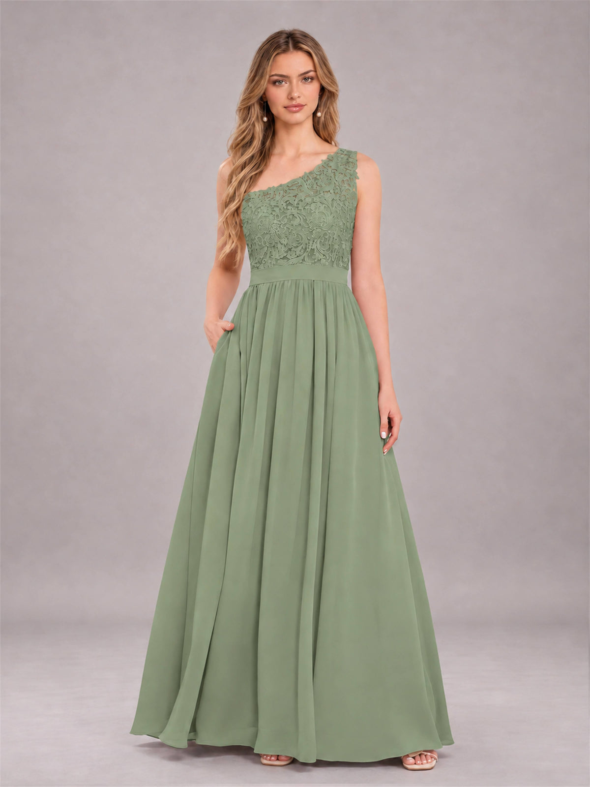 Sage Green Trendy Lace Appliques One Shoulder Chiffon Bridesmaid Dress With Pockets