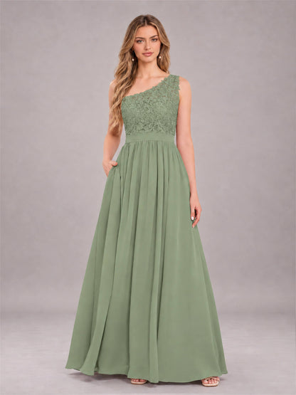 Sage Green Trendy Lace Appliques One Shoulder Chiffon Bridesmaid Dress With Pockets
