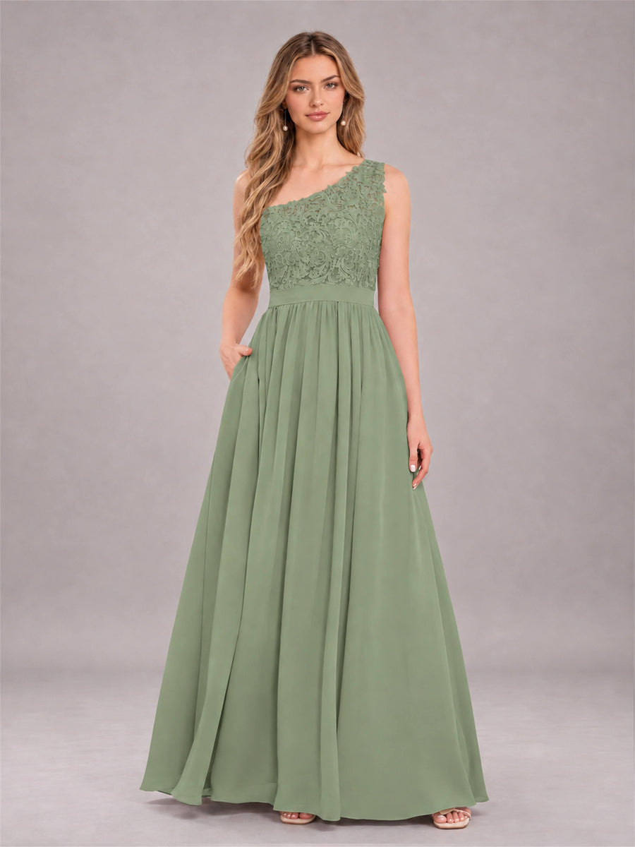 Sage Green Trendy Lace Appliques One Shoulder Chiffon Bridesmaid Dress With Pockets