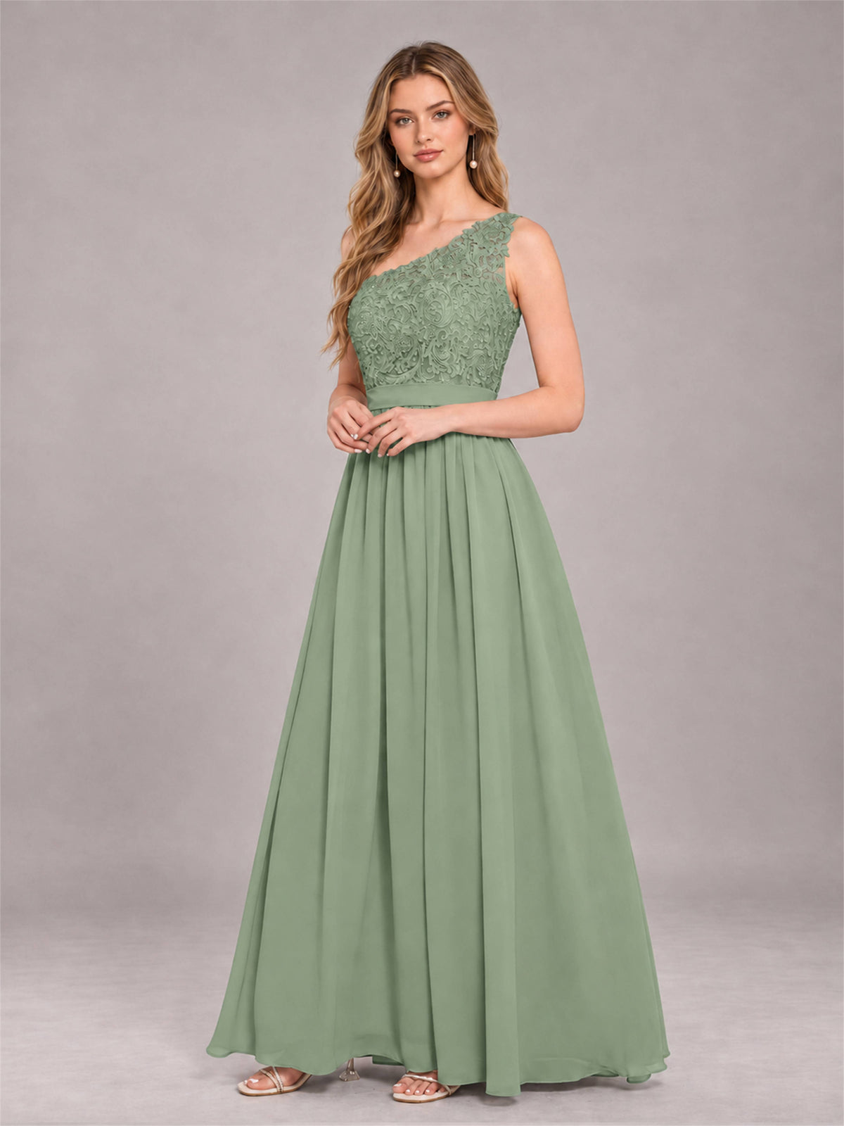 Sage Green Trendy Lace Appliques One Shoulder Chiffon Bridesmaid Dress With Pockets