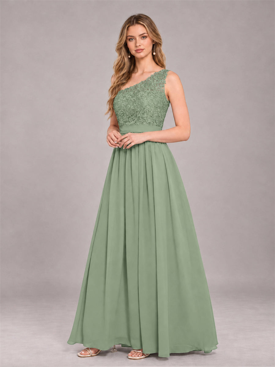 Sage Green Trendy Lace Appliques One Shoulder Chiffon Bridesmaid Dress With Pockets