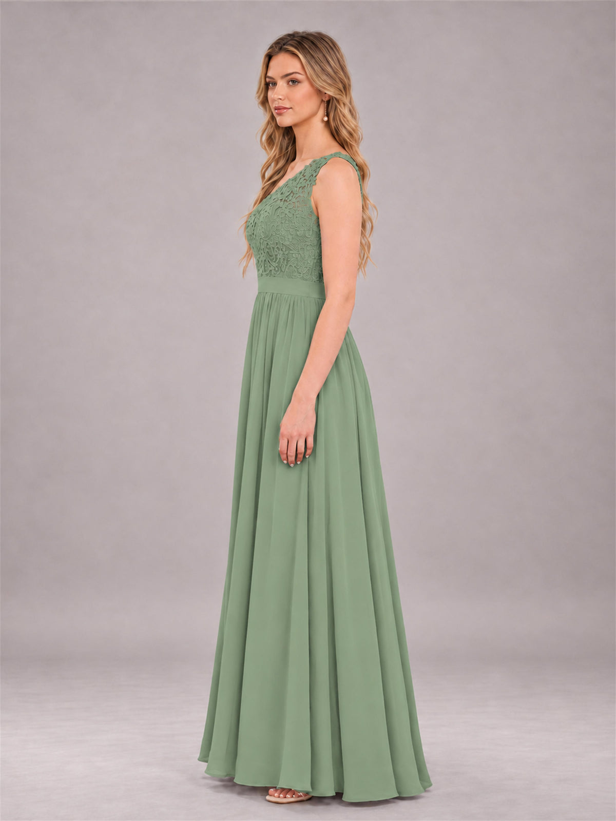 Sage Green Trendy Lace Appliques One Shoulder Chiffon Bridesmaid Dress With Pockets
