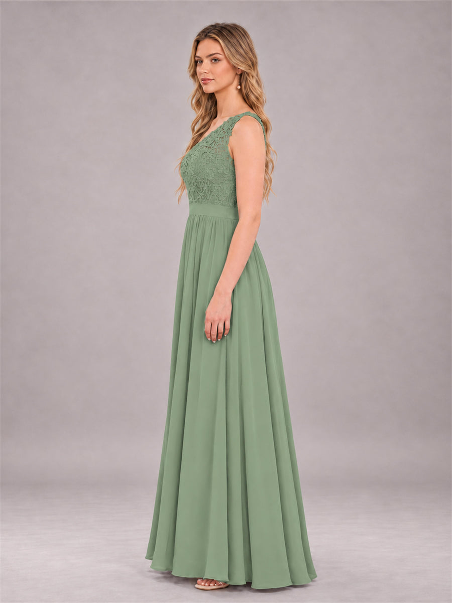 Sage Green Trendy Lace Appliques One Shoulder Chiffon Bridesmaid Dress With Pockets