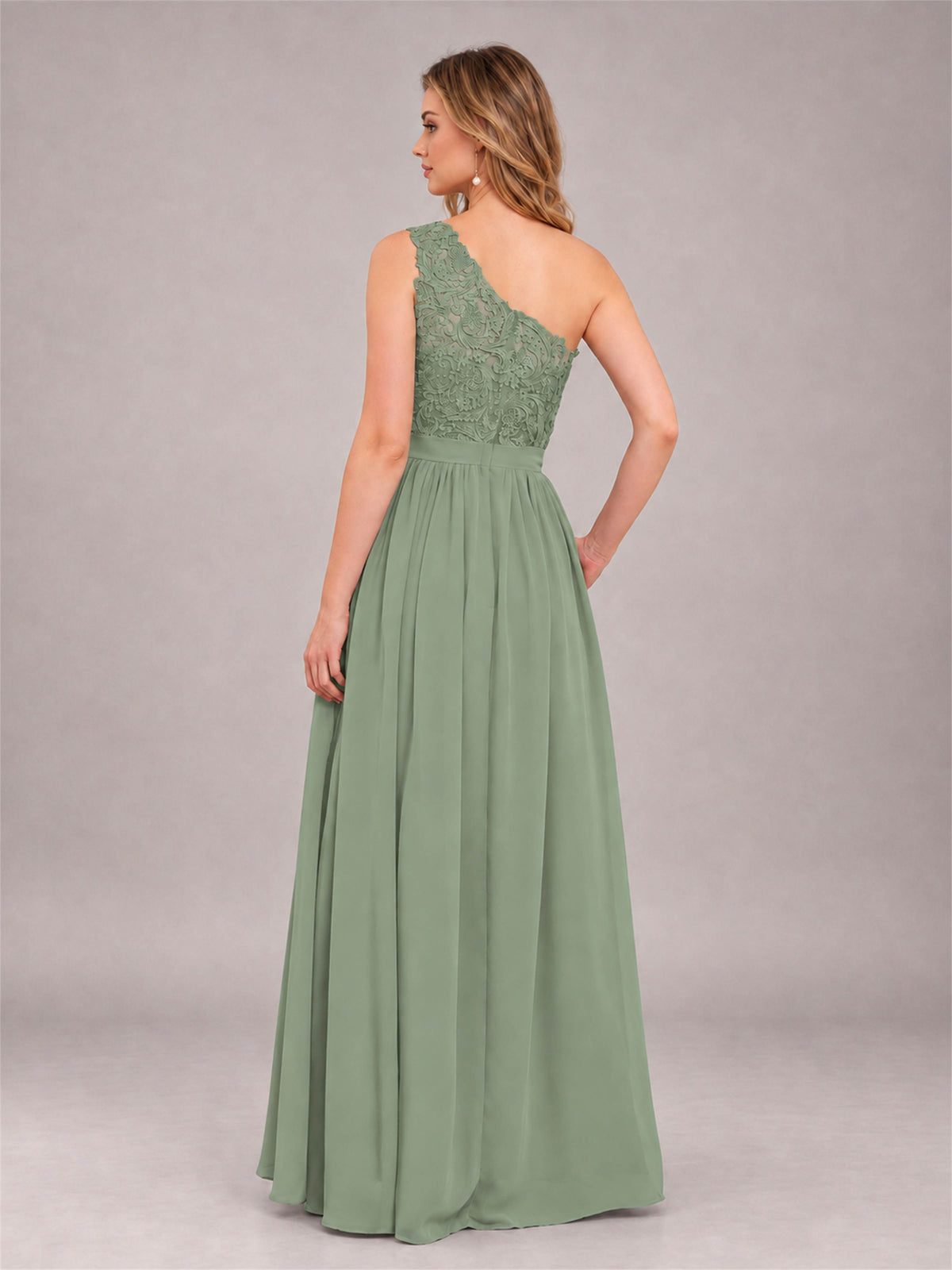 Sage Green Trendy Lace Appliques One Shoulder Chiffon Bridesmaid Dress With Pockets