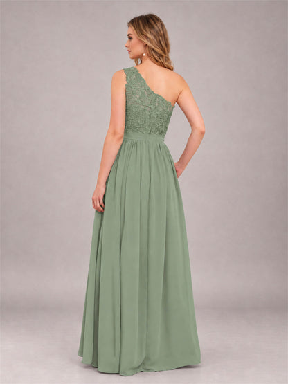 Sage Green Trendy Lace Appliques One Shoulder Chiffon Bridesmaid Dress With Pockets