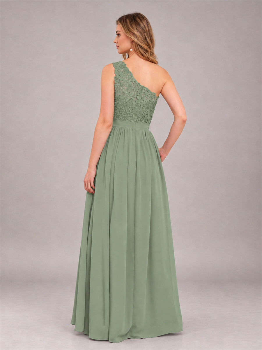 Sage Green Trendy Lace Appliques One Shoulder Chiffon Bridesmaid Dress With Pockets