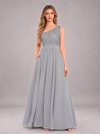 Silver Trendy Lace Appliques One Shoulder Chiffon Bridesmaid Dress With Pockets