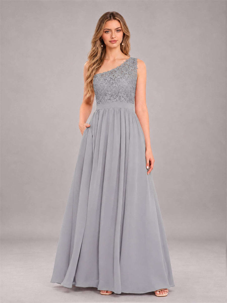Silver Trendy Lace Appliques One Shoulder Chiffon Bridesmaid Dress With Pockets