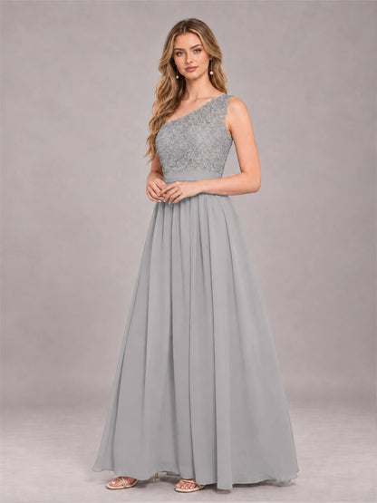 Silver Trendy Lace Appliques One Shoulder Chiffon Bridesmaid Dress With Pockets