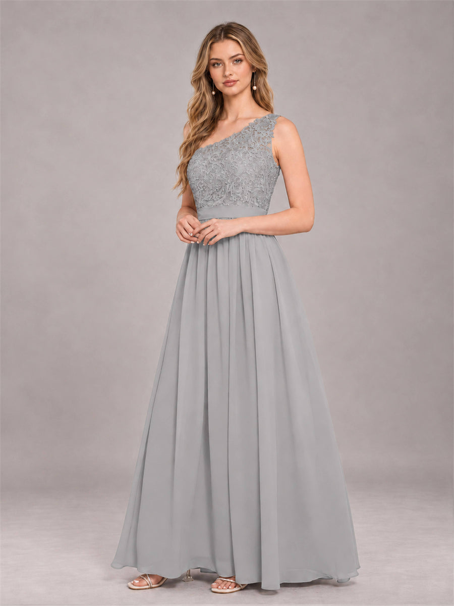 Silver Trendy Lace Appliques One Shoulder Chiffon Bridesmaid Dress With Pockets