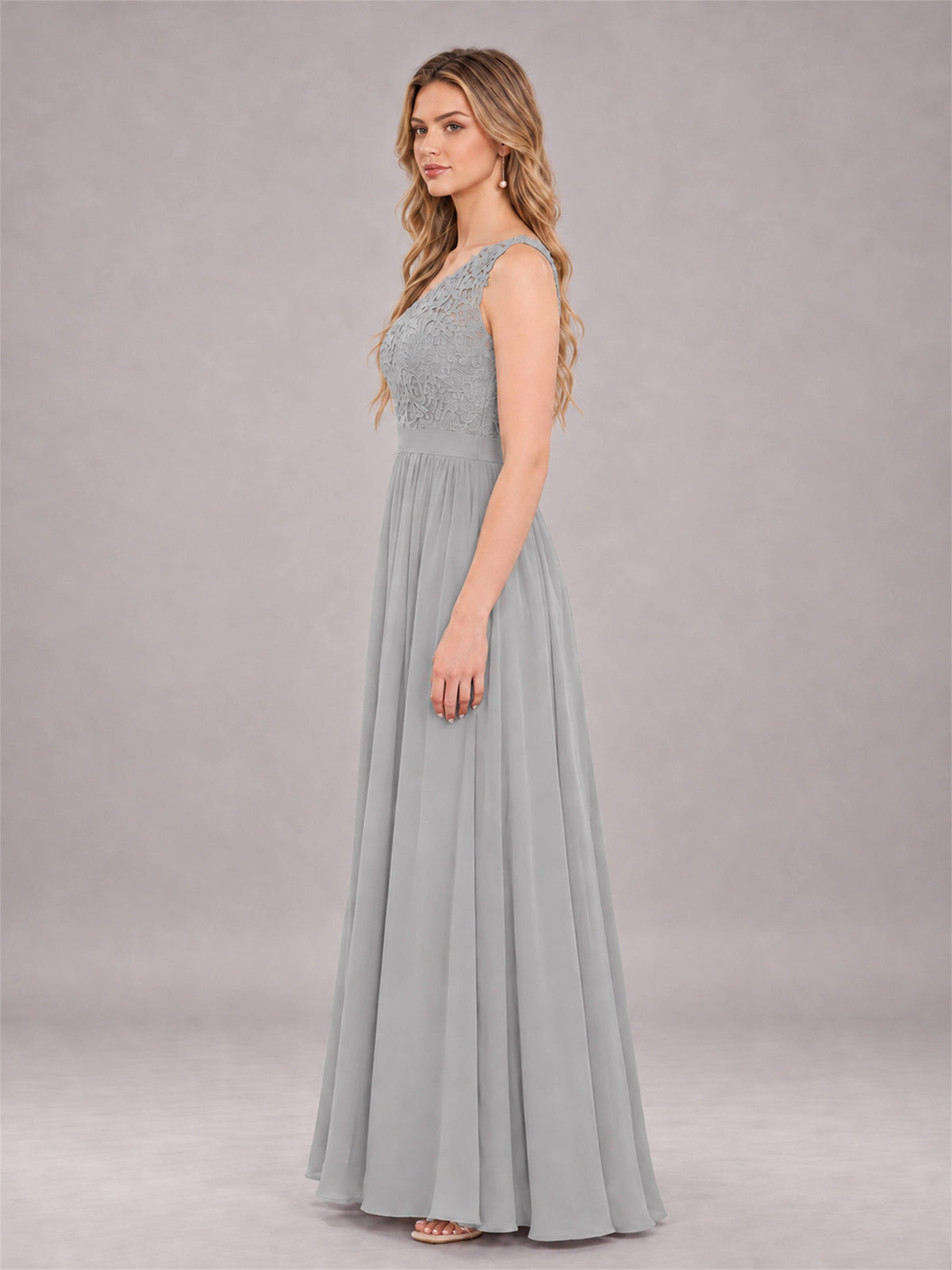 Silver Trendy Lace Appliques One Shoulder Chiffon Bridesmaid Dress With Pockets