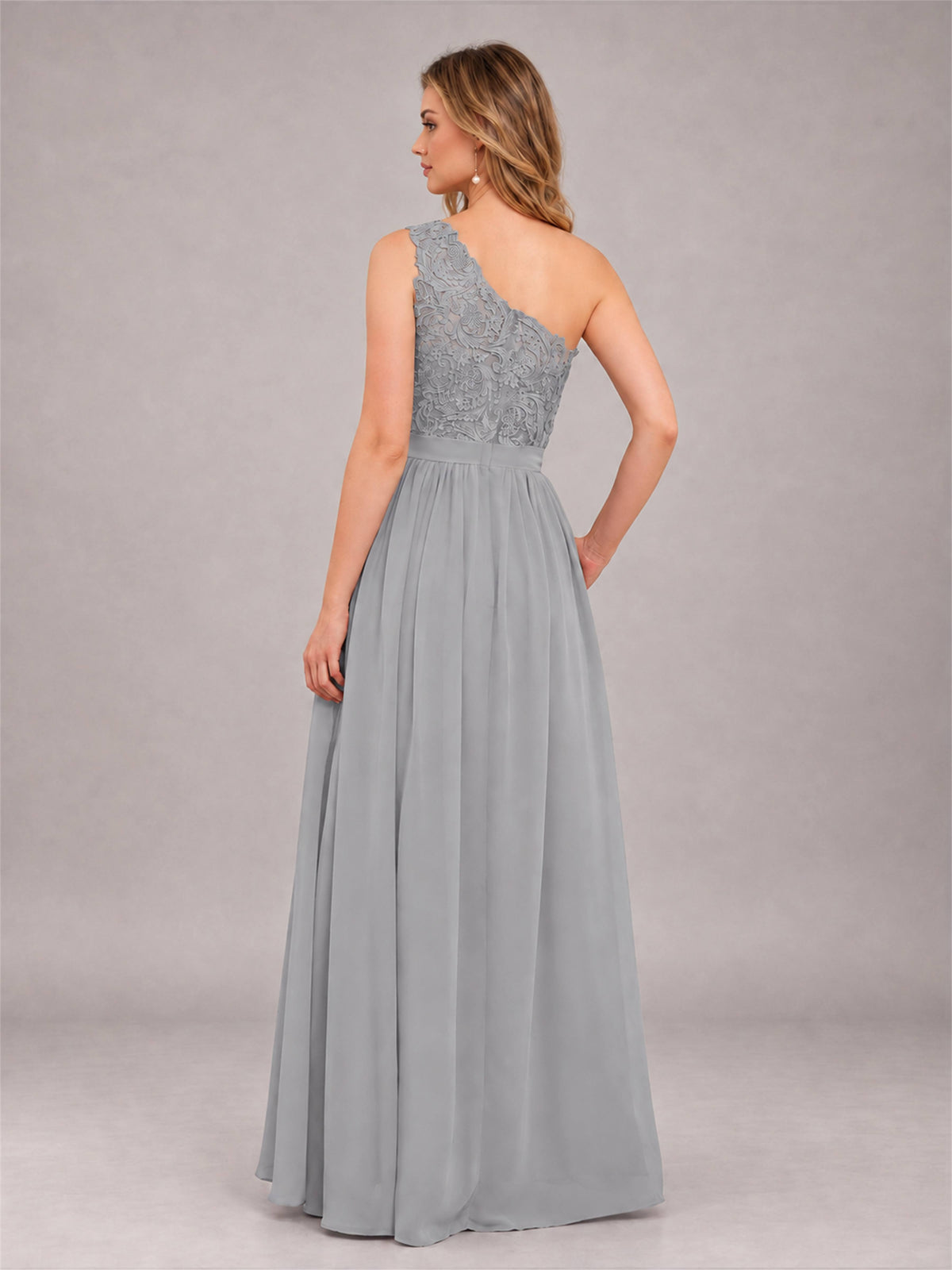 Silver Trendy Lace Appliques One Shoulder Chiffon Bridesmaid Dress With Pockets