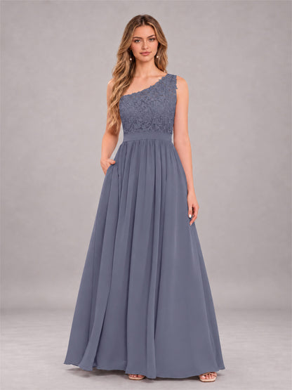 Stormy Blue Trendy Lace Appliques One Shoulder Chiffon Bridesmaid Dress With Pockets