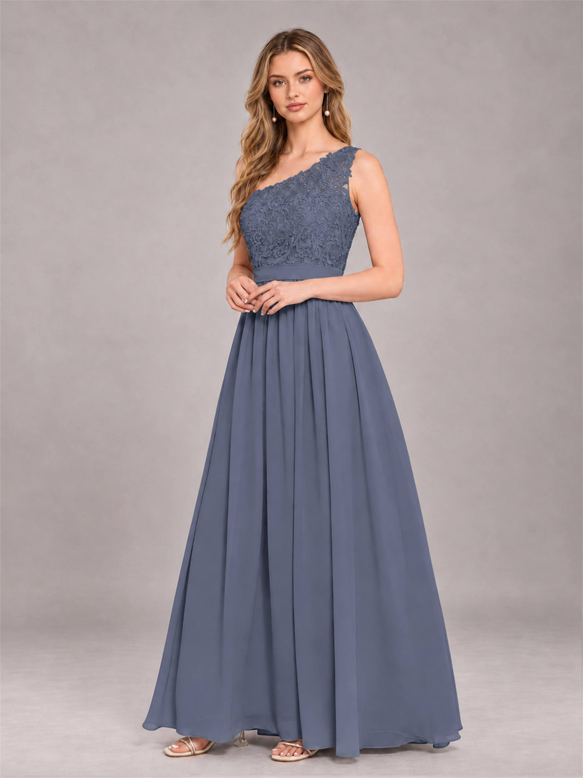 Stormy Blue Trendy Lace Appliques One Shoulder Chiffon Bridesmaid Dress With Pockets