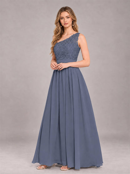 Stormy Blue Trendy Lace Appliques One Shoulder Chiffon Bridesmaid Dress With Pockets