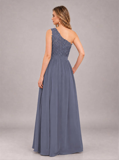 Stormy Blue Trendy Lace Appliques One Shoulder Chiffon Bridesmaid Dress With Pockets