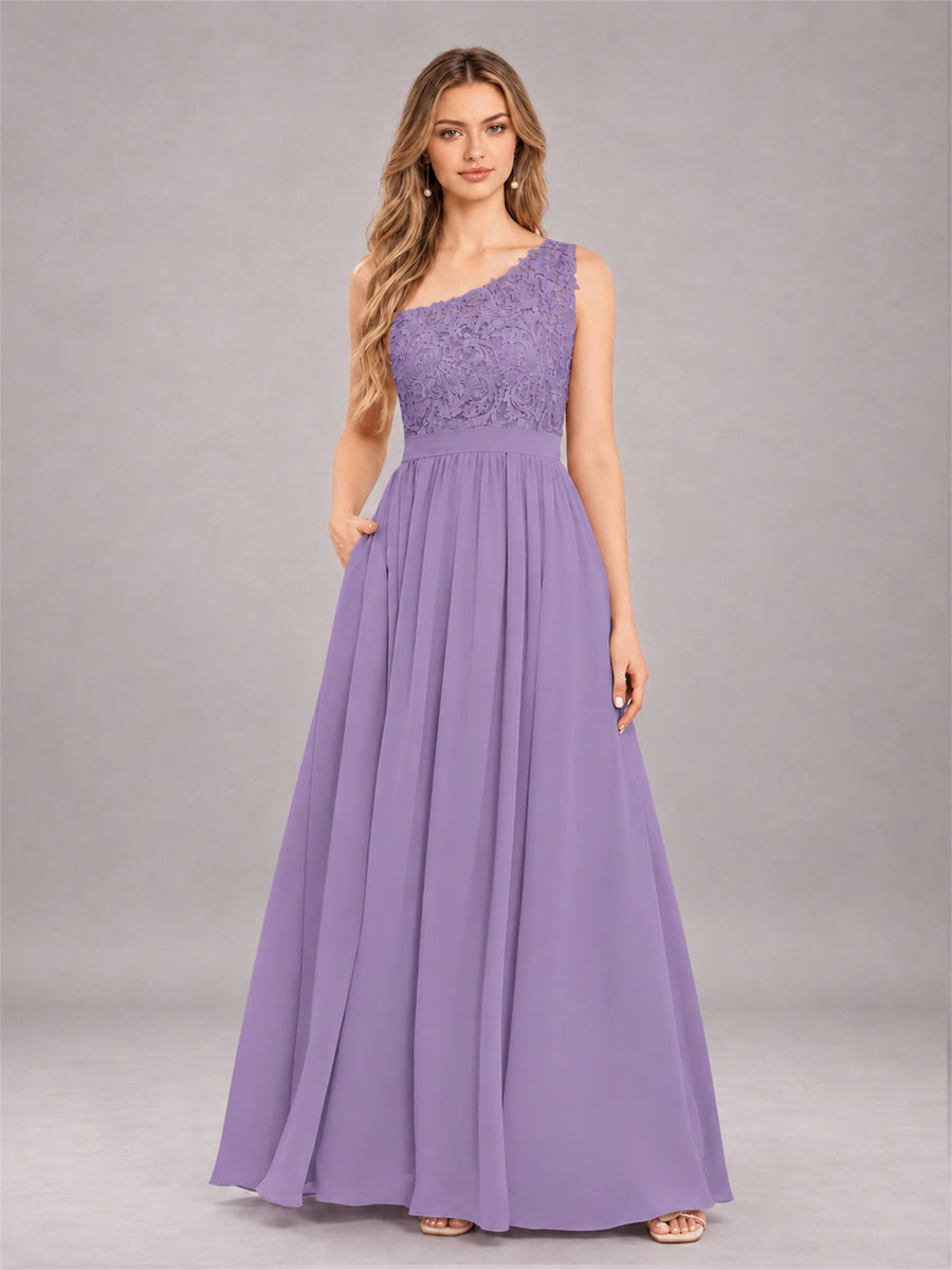 Tahiti Trendy Lace Appliques One Shoulder Chiffon Bridesmaid Dress With Pockets