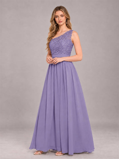 Tahiti Trendy Lace Appliques One Shoulder Chiffon Bridesmaid Dress With Pockets