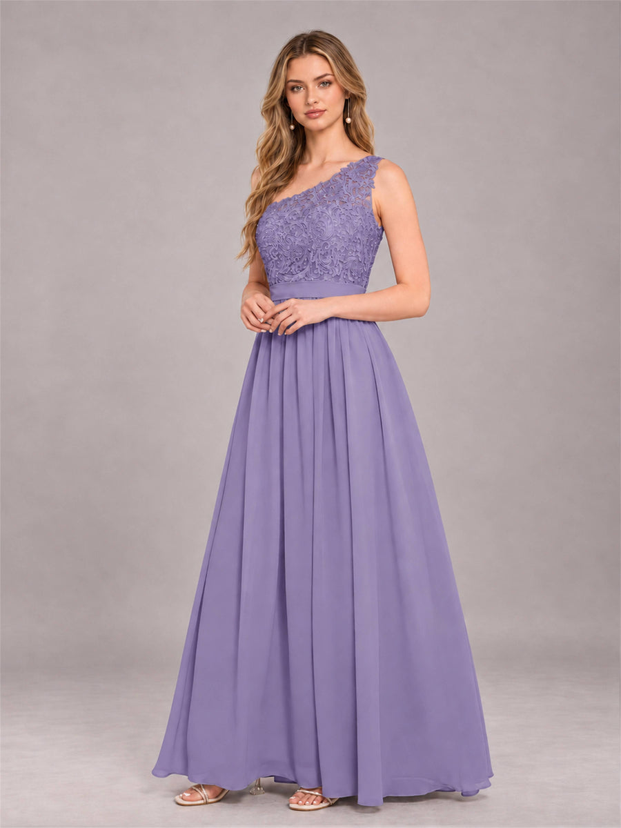 Tahiti Trendy Lace Appliques One Shoulder Chiffon Bridesmaid Dress With Pockets