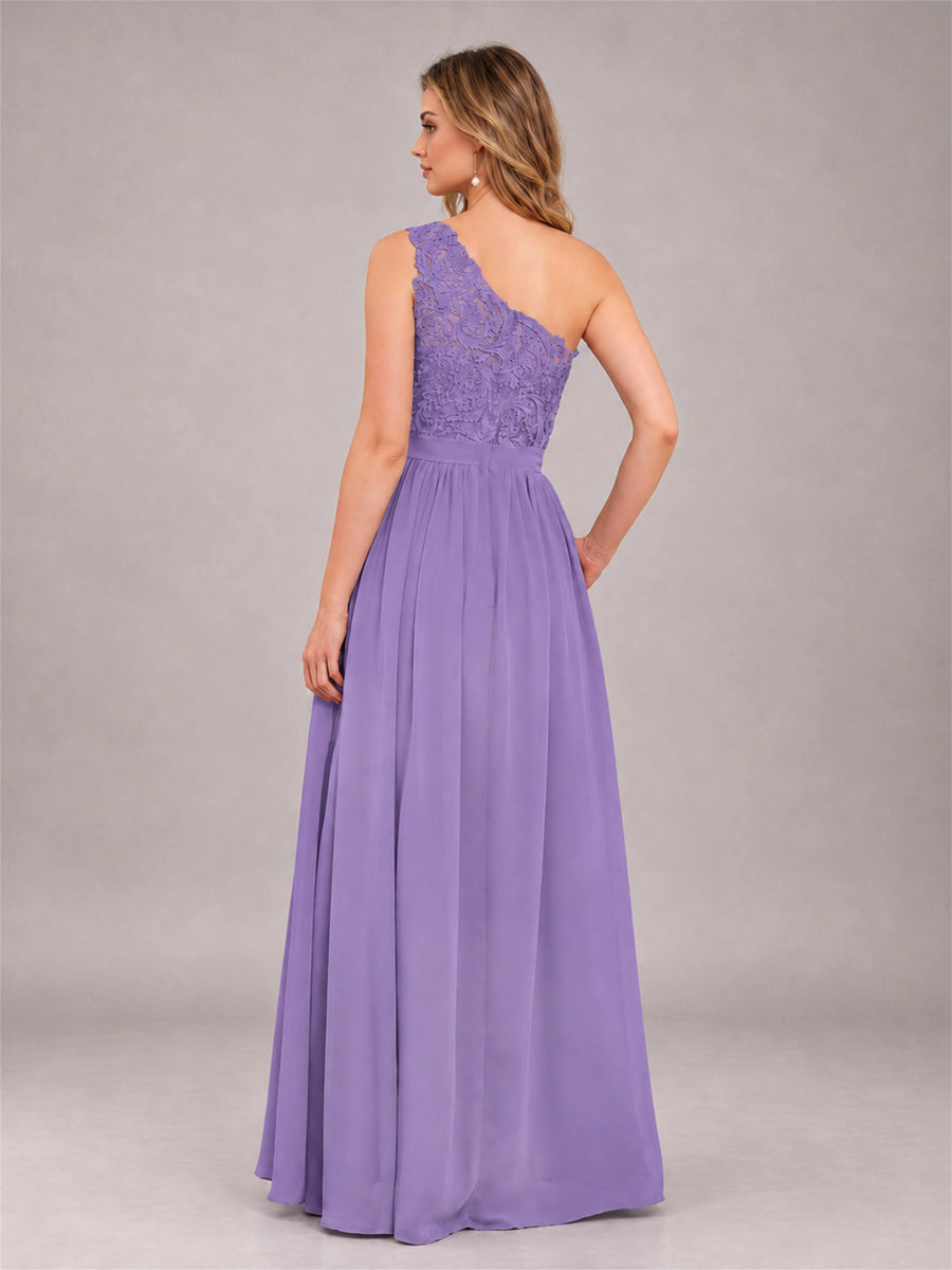 Tahiti Trendy Lace Appliques One Shoulder Chiffon Bridesmaid Dress With Pockets