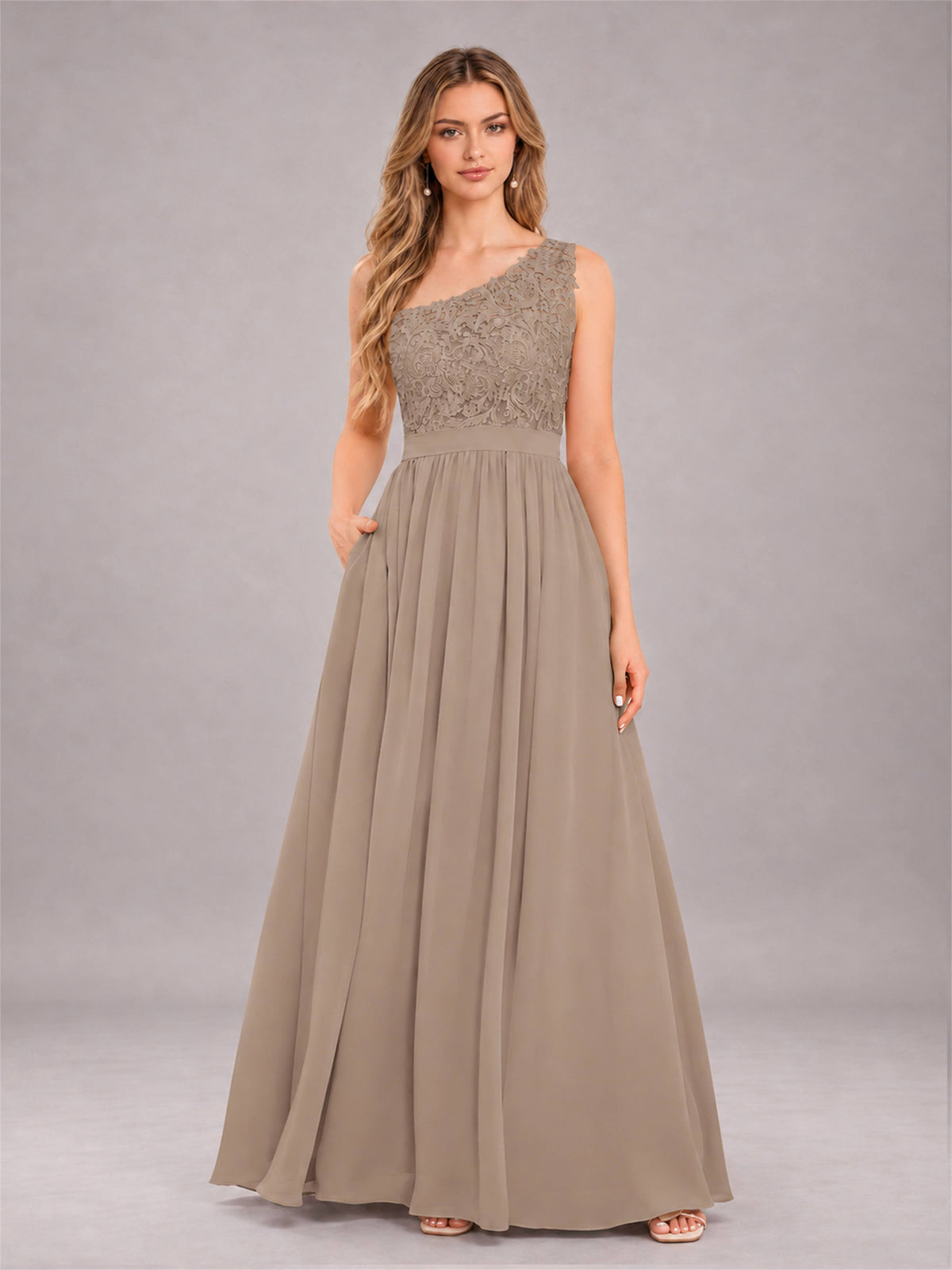 Taupe Trendy Lace Appliques One Shoulder Chiffon Bridesmaid Dress With Pockets