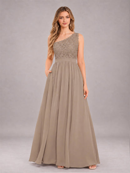 Taupe Trendy Lace Appliques One Shoulder Chiffon Bridesmaid Dress With Pockets