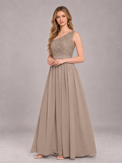 Taupe Trendy Lace Appliques One Shoulder Chiffon Bridesmaid Dress With Pockets
