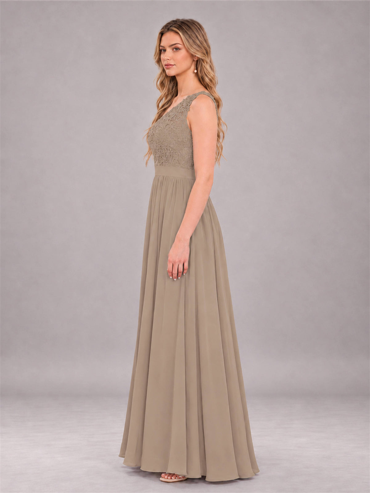 Taupe Trendy Lace Appliques One Shoulder Chiffon Bridesmaid Dress With Pockets