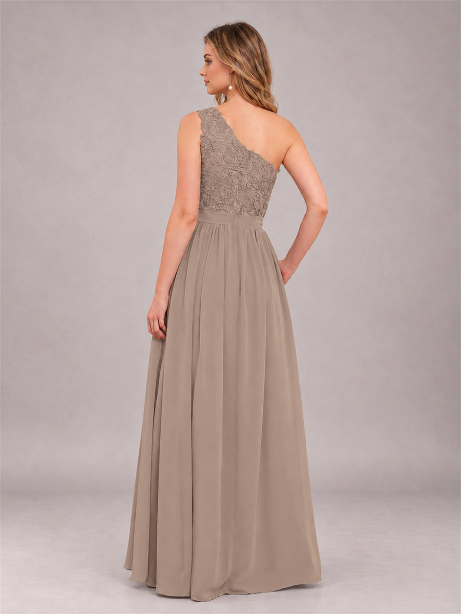 Taupe Trendy Lace Appliques One Shoulder Chiffon Bridesmaid Dress With Pockets