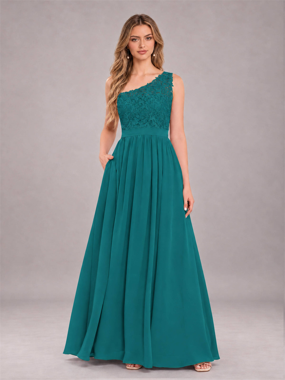Teal Trendy Lace Appliques One Shoulder Chiffon Bridesmaid Dress With Pockets