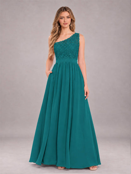 Teal Trendy Lace Appliques One Shoulder Chiffon Bridesmaid Dress With Pockets