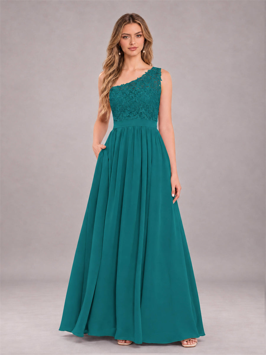 Teal Trendy Lace Appliques One Shoulder Chiffon Bridesmaid Dress With Pockets
