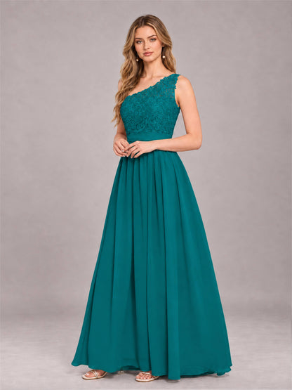 Teal Trendy Lace Appliques One Shoulder Chiffon Bridesmaid Dress With Pockets
