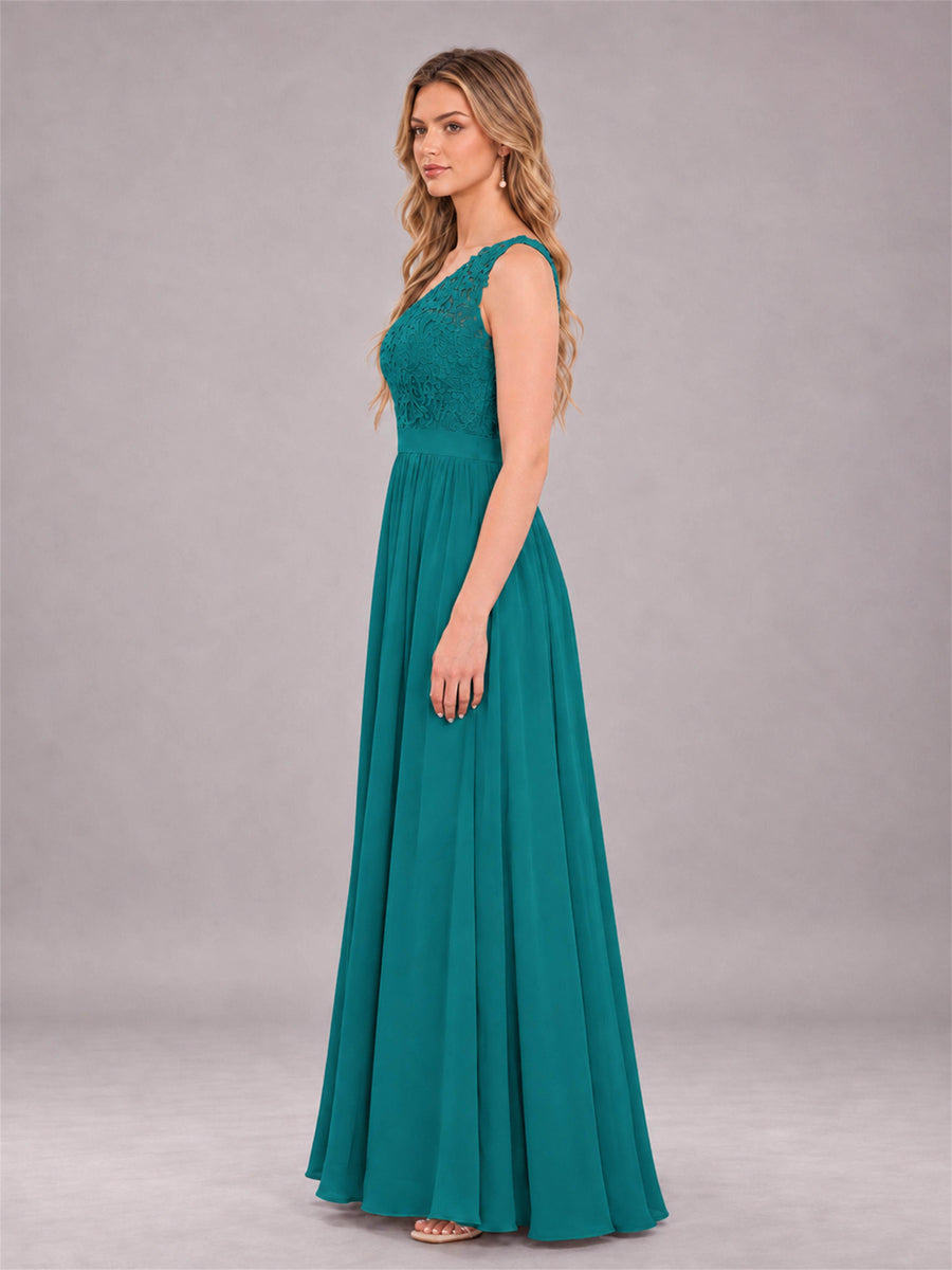 Teal Trendy Lace Appliques One Shoulder Chiffon Bridesmaid Dress With Pockets
