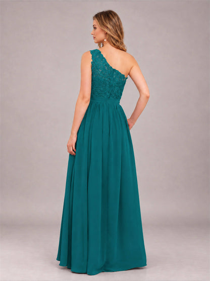 Teal Trendy Lace Appliques One Shoulder Chiffon Bridesmaid Dress With Pockets