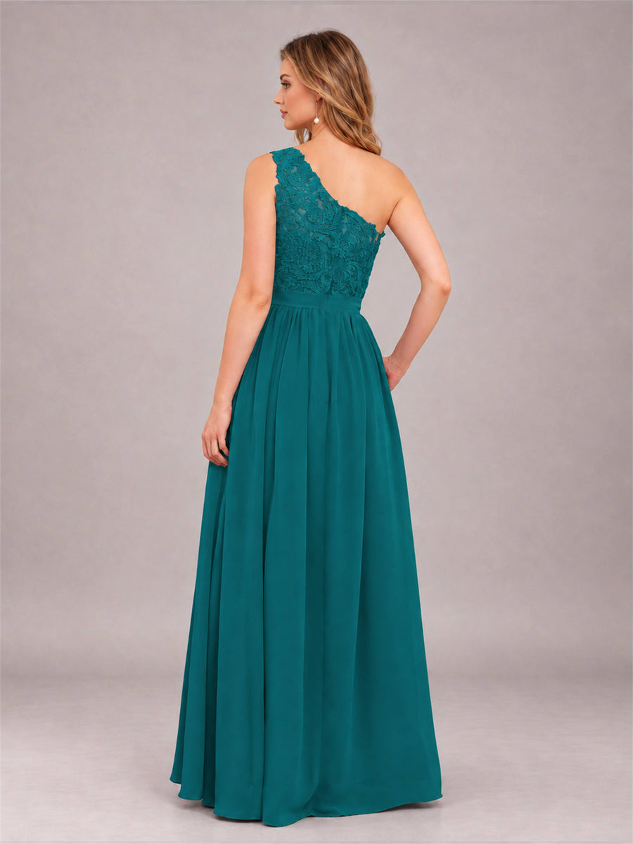Teal Trendy Lace Appliques One Shoulder Chiffon Bridesmaid Dress With Pockets