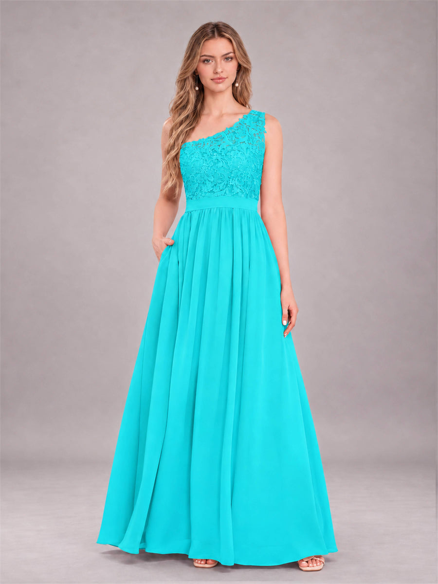 Turquoise Trendy Lace Appliques One Shoulder Chiffon Bridesmaid Dress With Pockets
