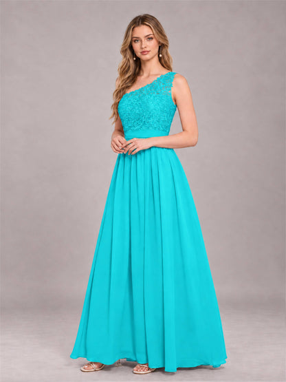 Turquoise Trendy Lace Appliques One Shoulder Chiffon Bridesmaid Dress With Pockets