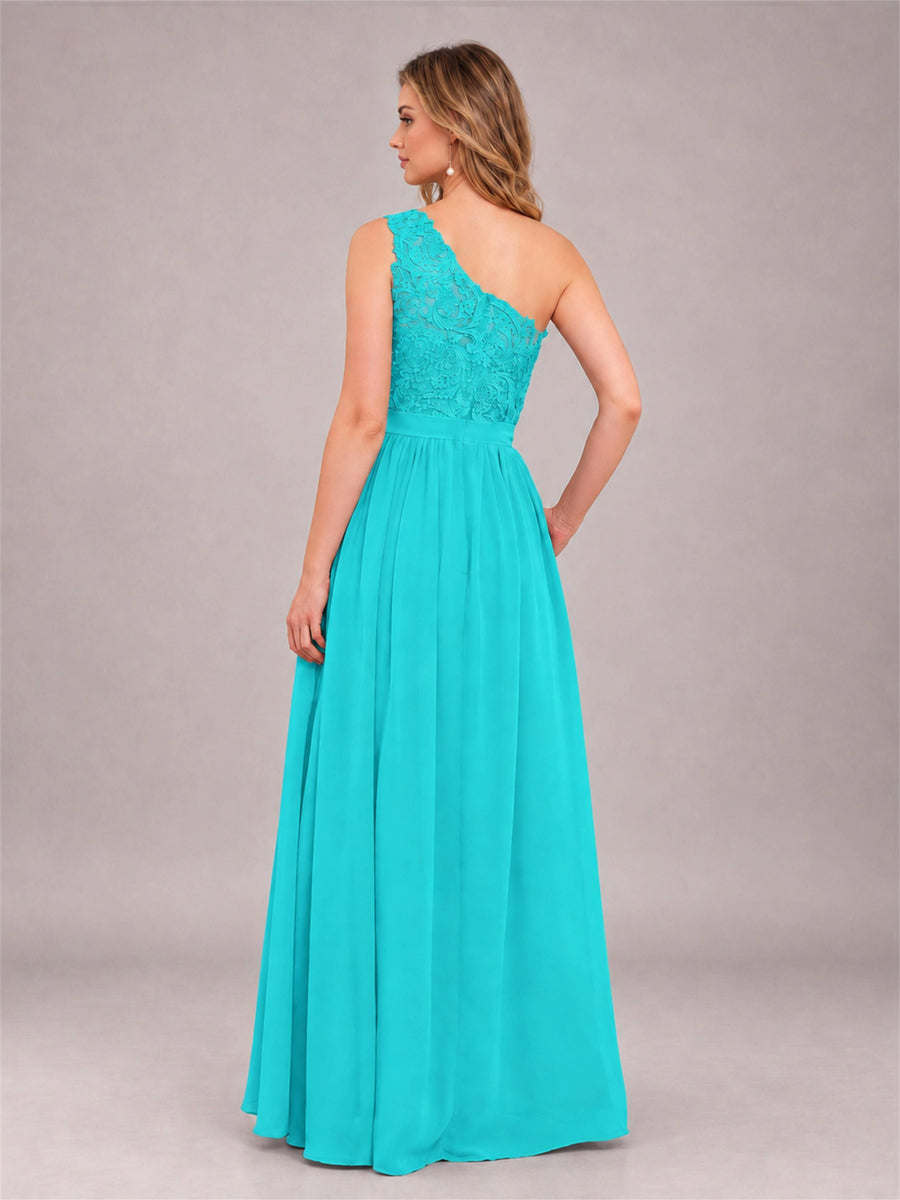 Turquoise Trendy Lace Appliques One Shoulder Chiffon Bridesmaid Dress With Pockets