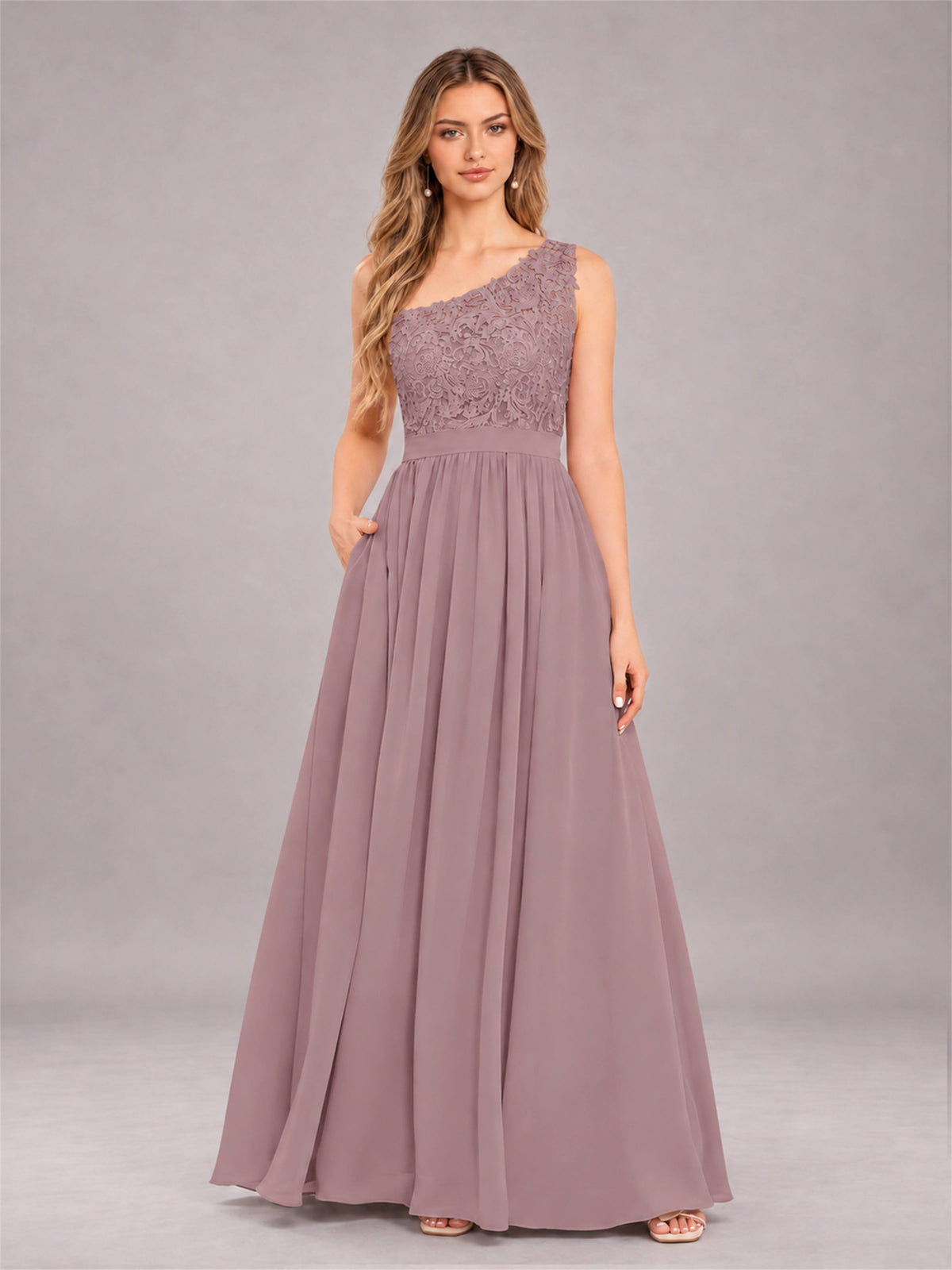 Vintage Mauve Trendy Lace Appliques One Shoulder Chiffon Bridesmaid Dress With Pockets