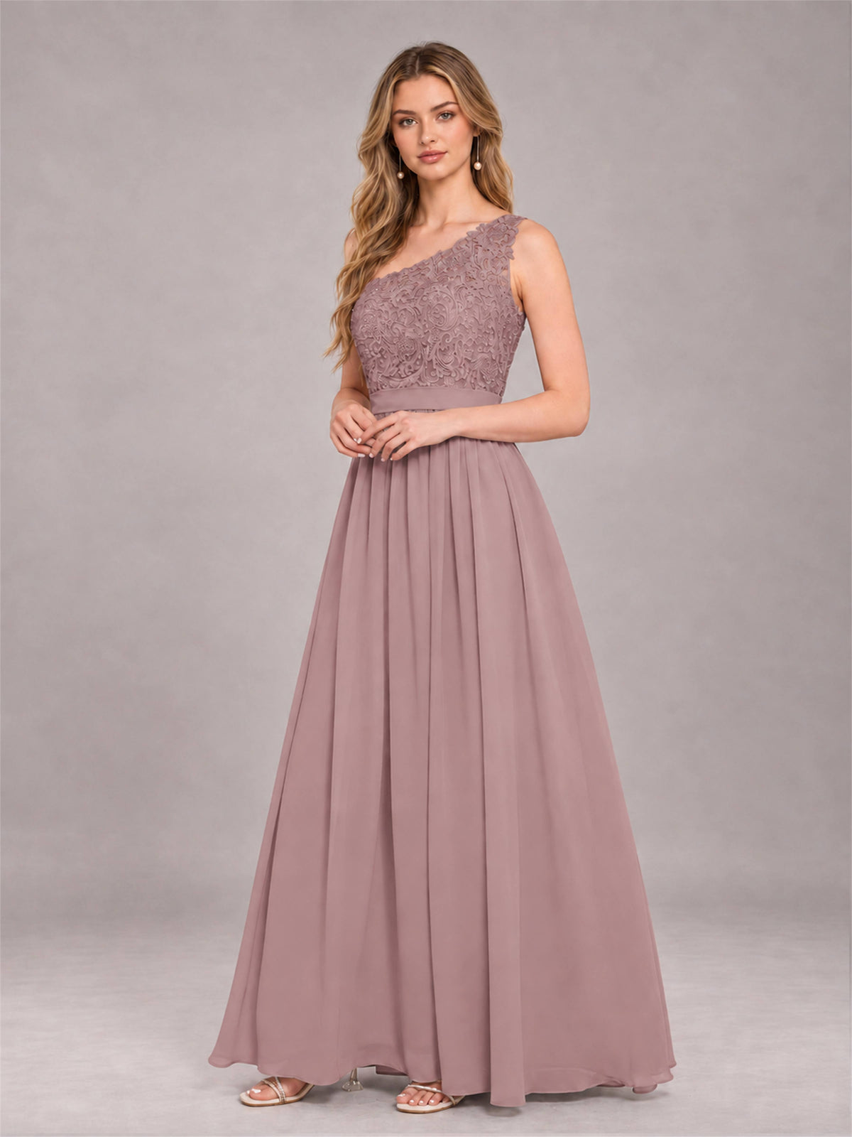 Vintage Mauve Trendy Lace Appliques One Shoulder Chiffon Bridesmaid Dress With Pockets