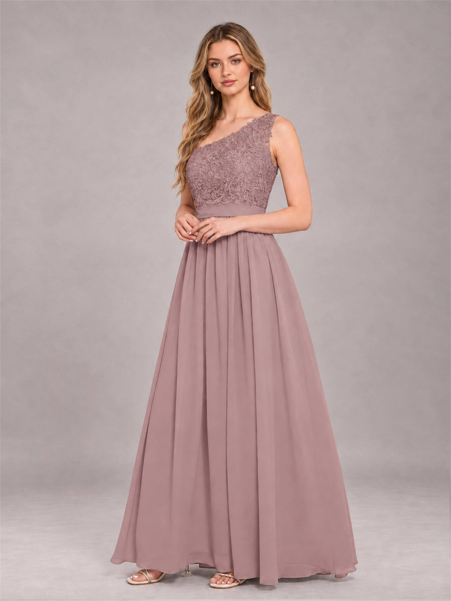 Vintage Mauve Trendy Lace Appliques One Shoulder Chiffon Bridesmaid Dress With Pockets