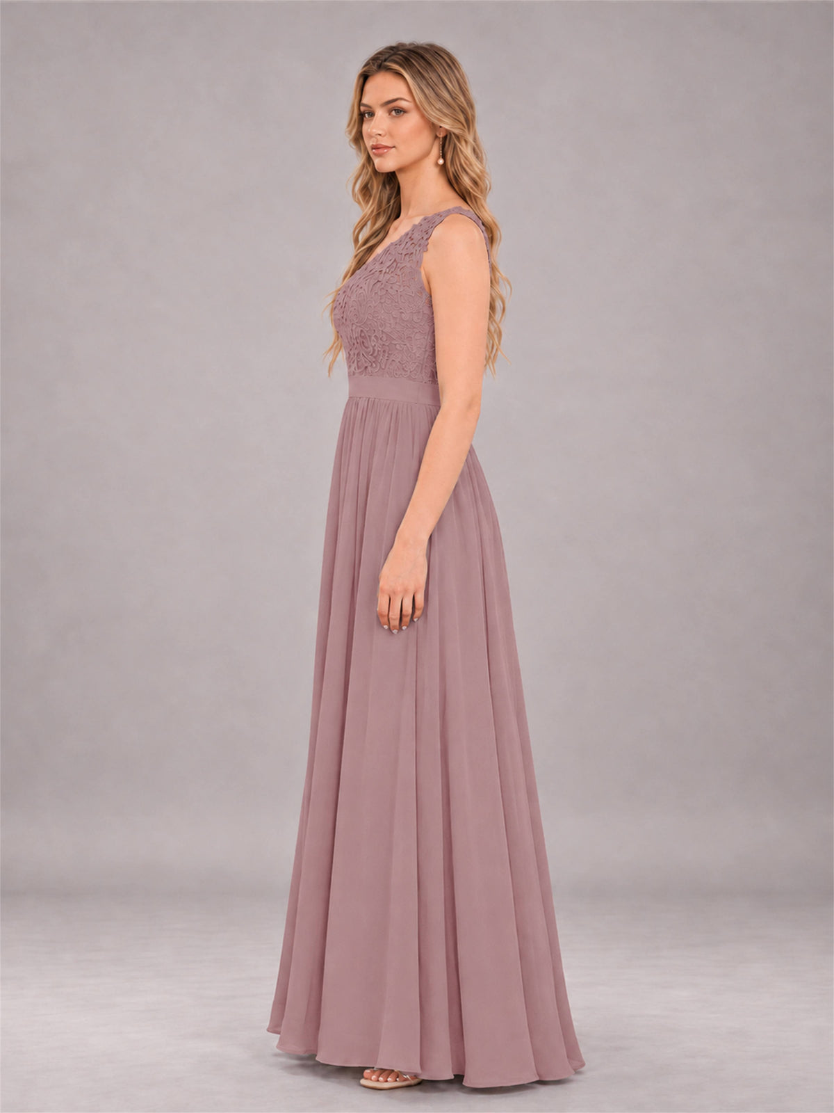 Vintage Mauve Trendy Lace Appliques One Shoulder Chiffon Bridesmaid Dress With Pockets