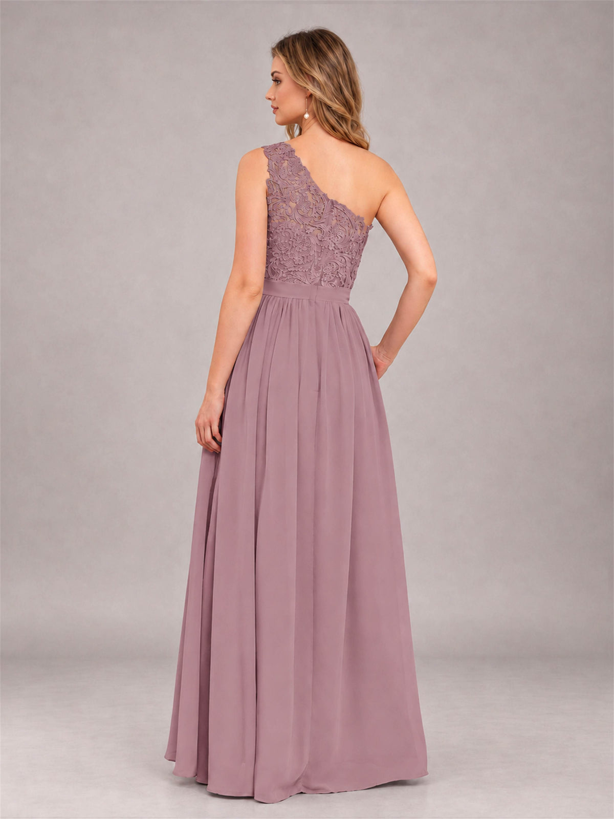 Vintage Mauve Trendy Lace Appliques One Shoulder Chiffon Bridesmaid Dress With Pockets