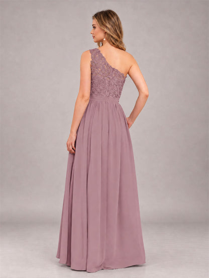 Vintage Mauve Trendy Lace Appliques One Shoulder Chiffon Bridesmaid Dress With Pockets