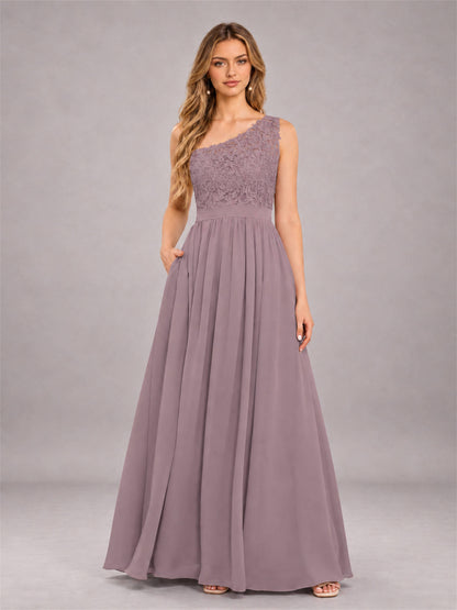 Wisteria Trendy Lace Appliques One Shoulder Chiffon Bridesmaid Dress With Pockets
